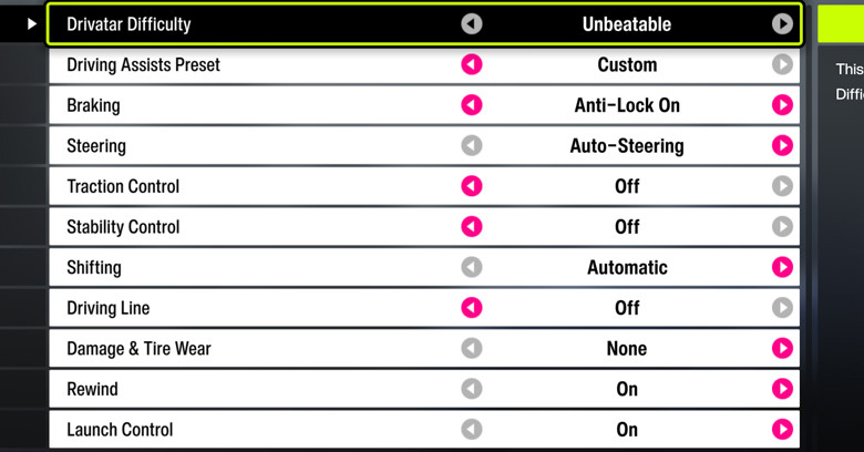 Difficulty Settings Use this difficulty settings for the car.