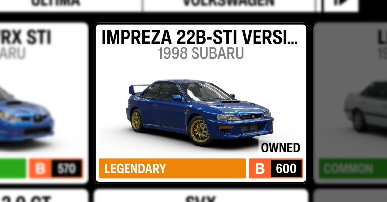 Subaru Impreza 22B-STI 1998 Most effective SP Farm car in Forza Horizon 6.